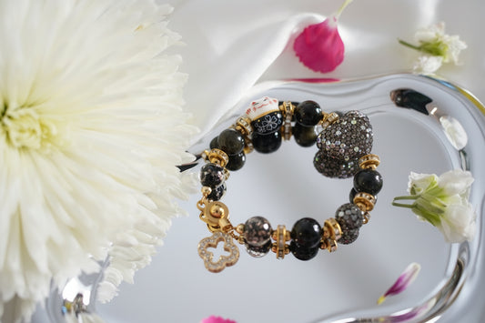Maneki-neko Heart Black Gold Obsidian Bracelet