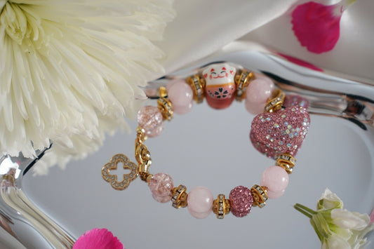 Maneki-neko Heart Pink Quartz Bracelet