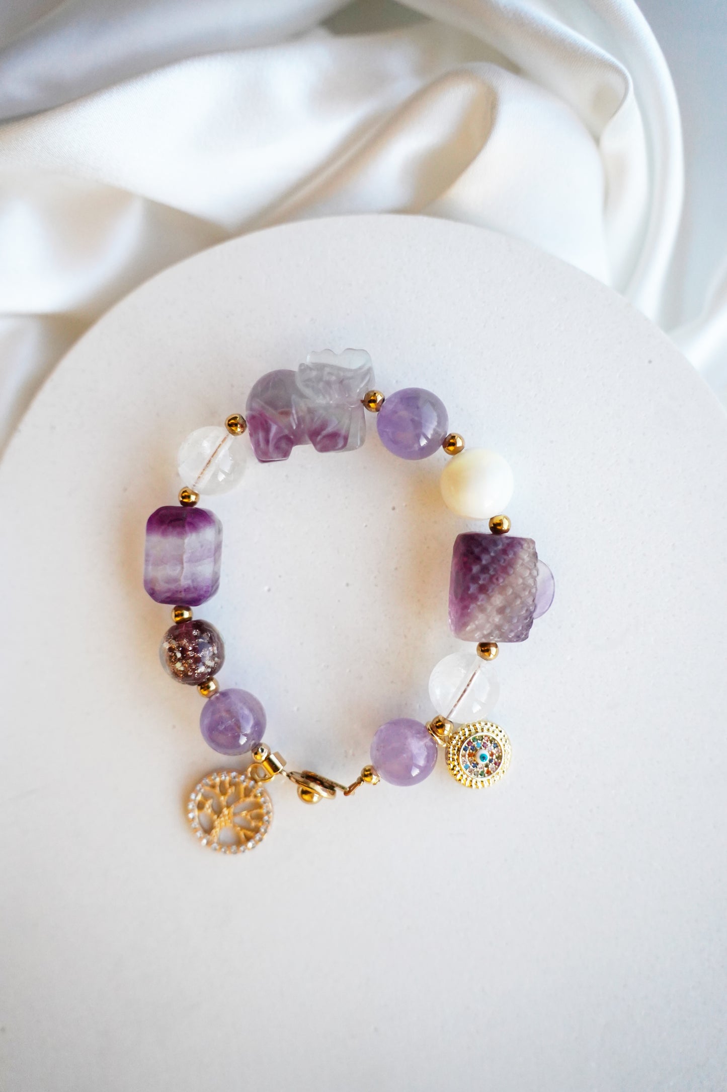 Fluorite Guardian Elephant Charm Gemstone Bracelet