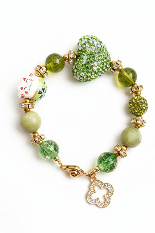 Maneki-neko Heart Green Peridot & Jade Bracelet