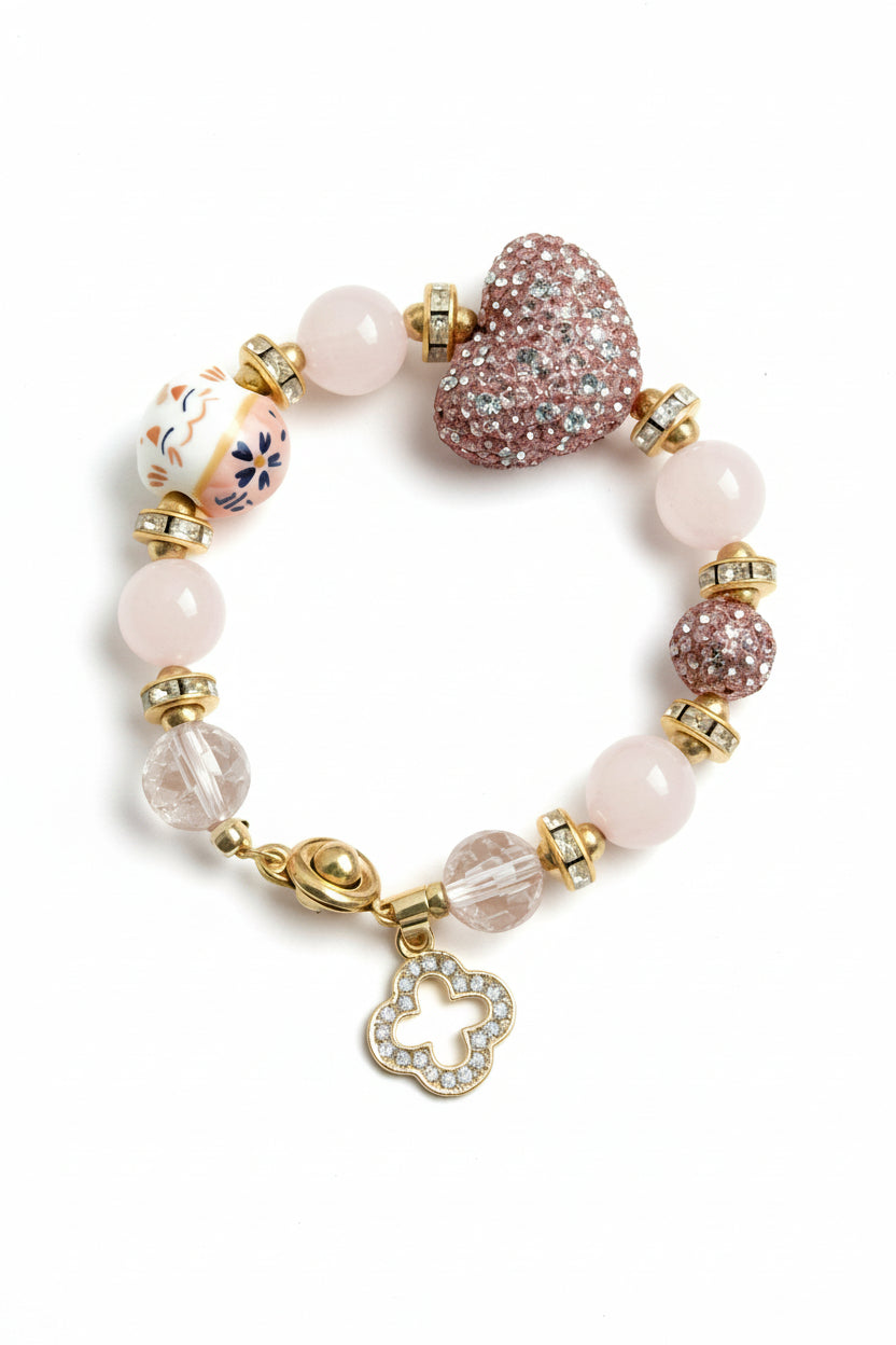 Maneki-neko Heart Pink Quartz Bracelet