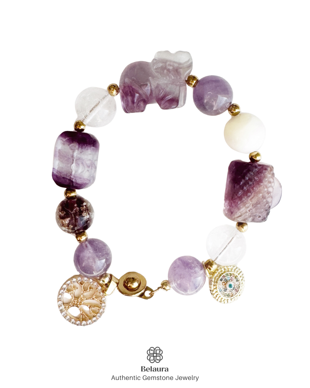 Fluorite Guardian Elephant Charm Gemstone Bracelet