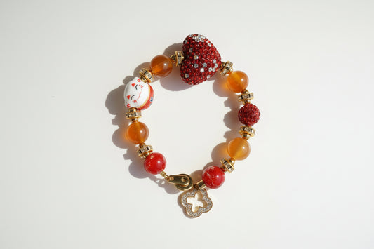 Maneki-neko Heart Red Jade Bracelet