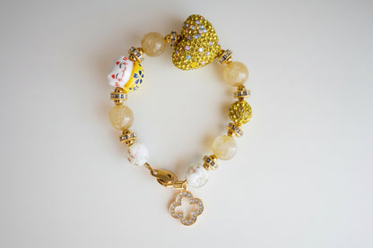 Maneki-Neko Heart Gold Rutilated Quartz Bracelet