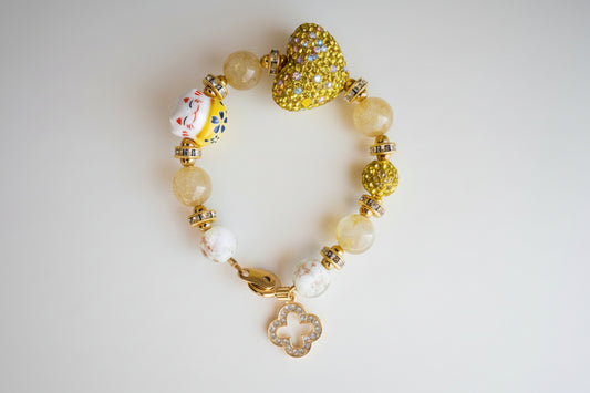 Maneki-Neko Heart Gold Rutilated Quartz Bracelet