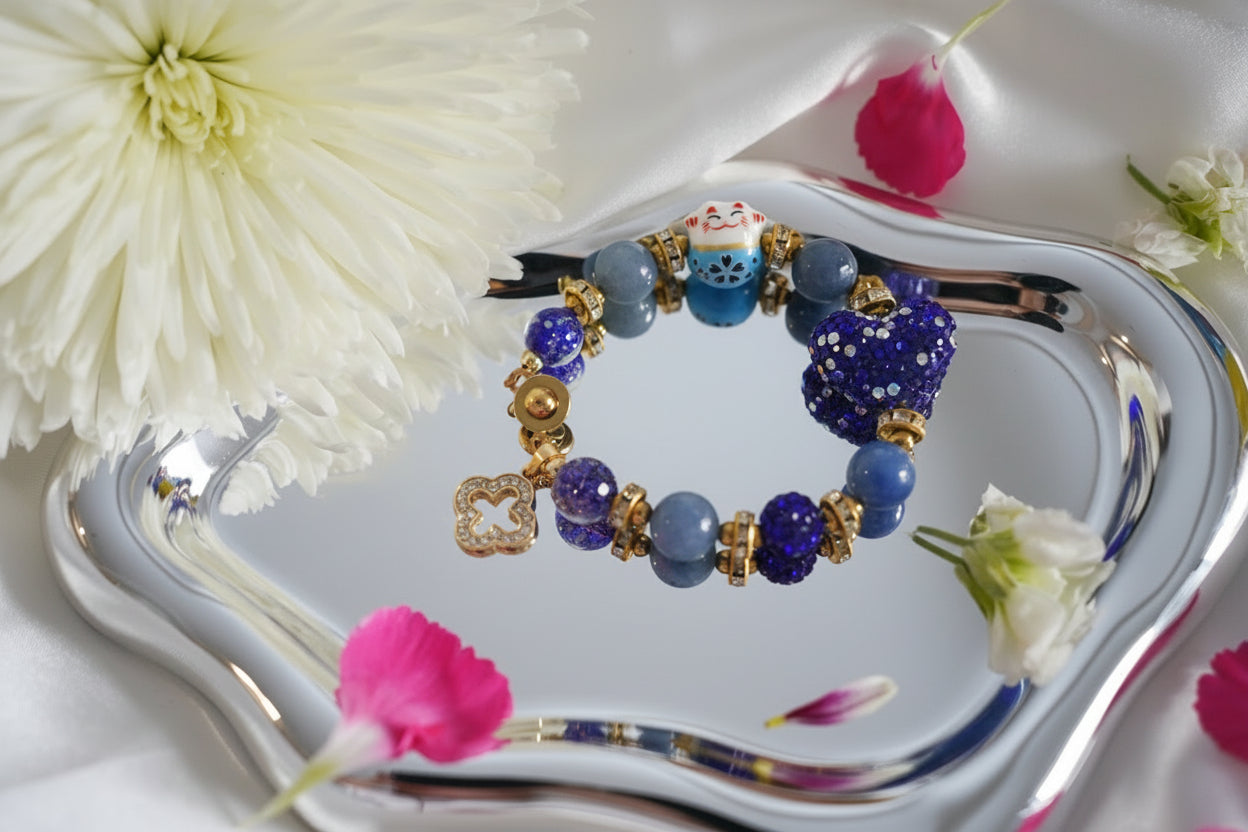 Maneki-neko Heart Blue Aventurine Bracelet